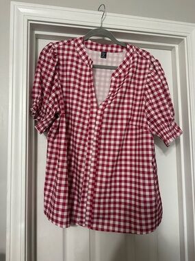 SHEIN Red & White Gingham Puff-Sleeve Blouse